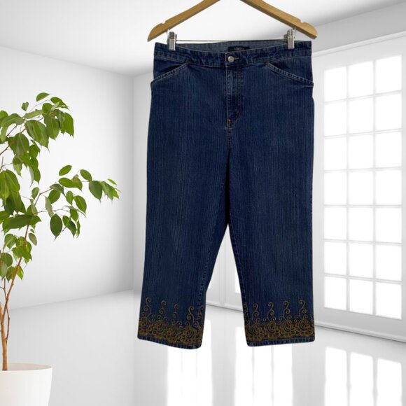 Bill Blass Stretch Jeans Size 14 Embroidered Hem Cropped Denim Boho Chic Pants - Picture 2 of 11
